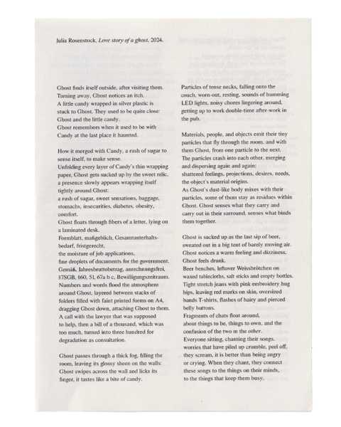 Creme-colored folded A5 booklet titled 'Love Story of a Ghost' by Julia Rosenstock, printed on textured uncoated paper.